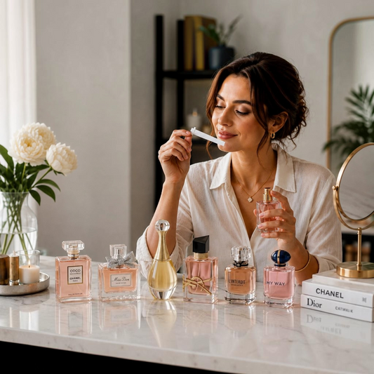 Mujer eligiendo un perfume entre diferentes fragancias para encontrar el aroma que mejor refleja su personalidad.