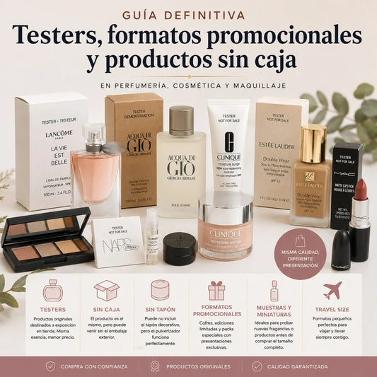 Colección de perfumes, cosméticos y productos de maquillaje en formatos tester, promocionales y sin caja presentados sobre un fondo elegante de estudio.